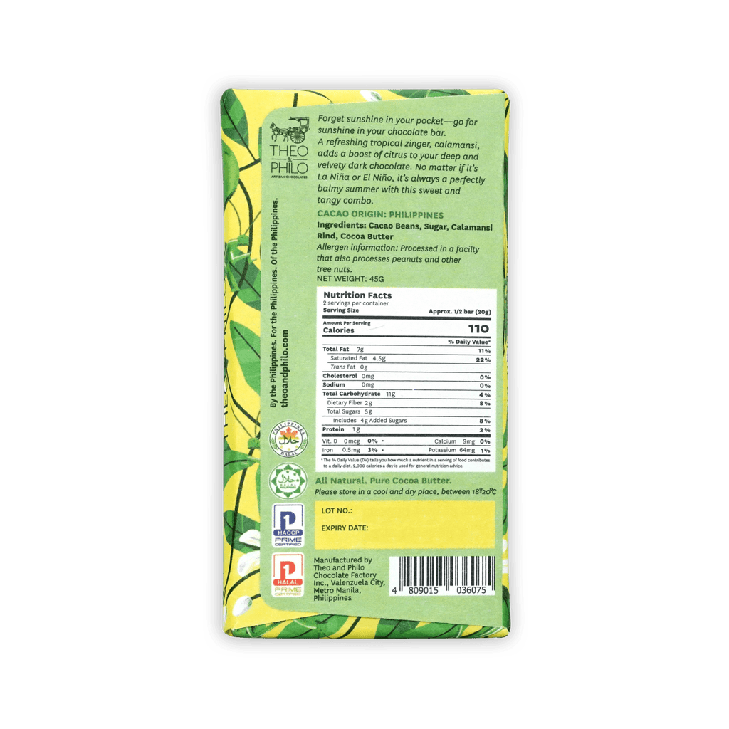 Theo & Philo 65% dark chocolate calamansi bar with green yellow tropical leaf package