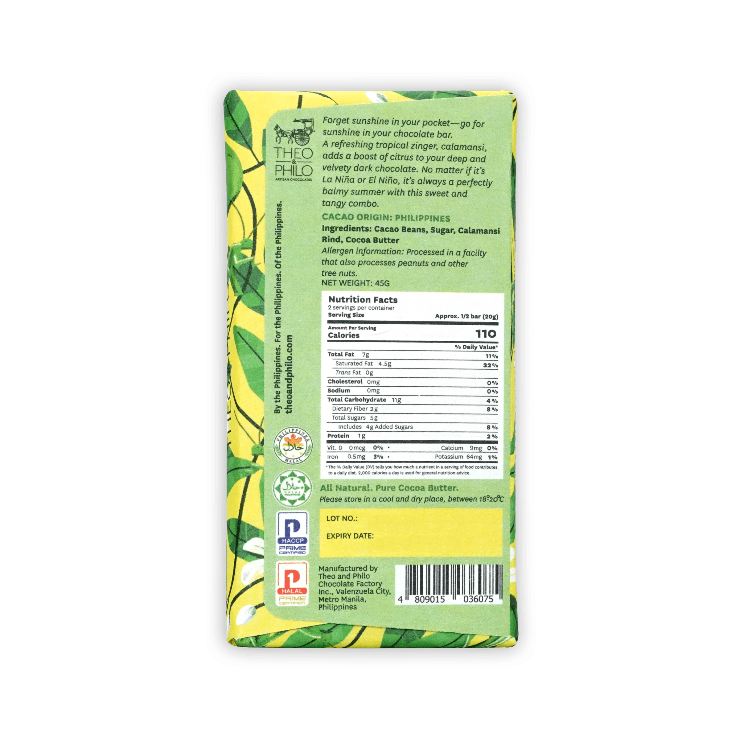Theo & Philo 65% dark chocolate calamansi bar with green yellow tropical leaf package