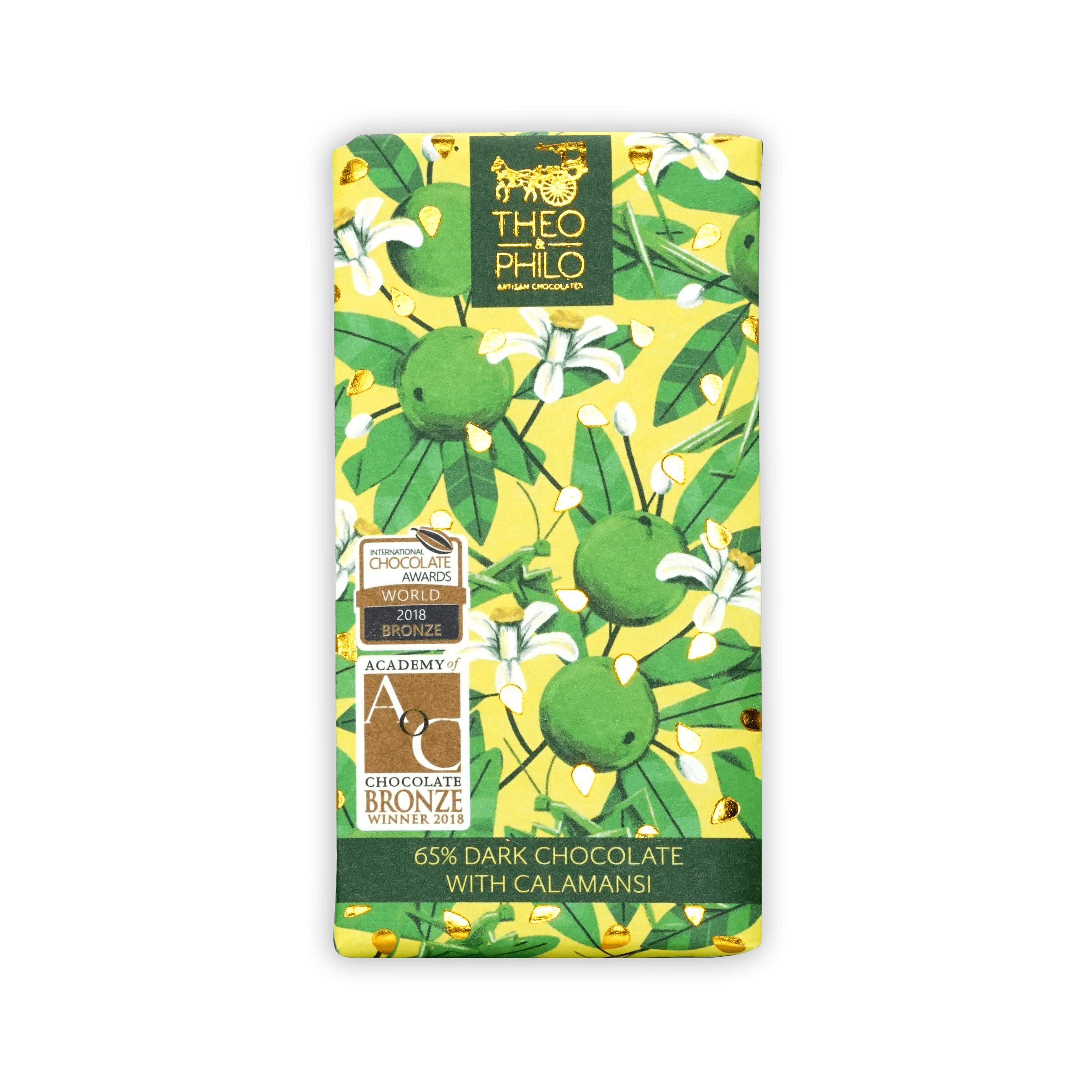 Theo & Philo 65% dark chocolate bar with calamansi, yellow green botanical wrap