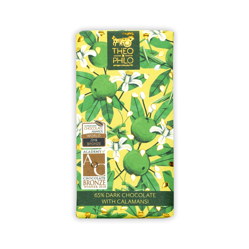 Theo & Philo 65% dark chocolate bar with calamansi, yellow green botanical wrap