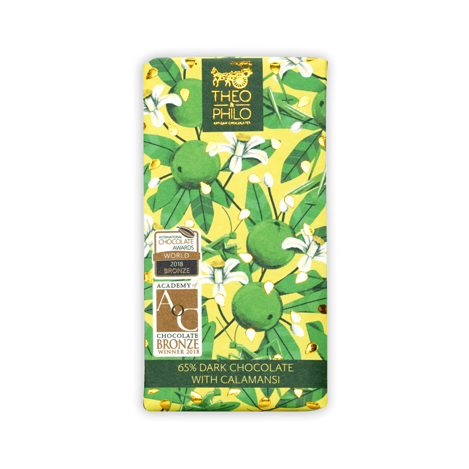 Theo & Philo 65% dark chocolate bar with calamansi, yellow green botanical wrap