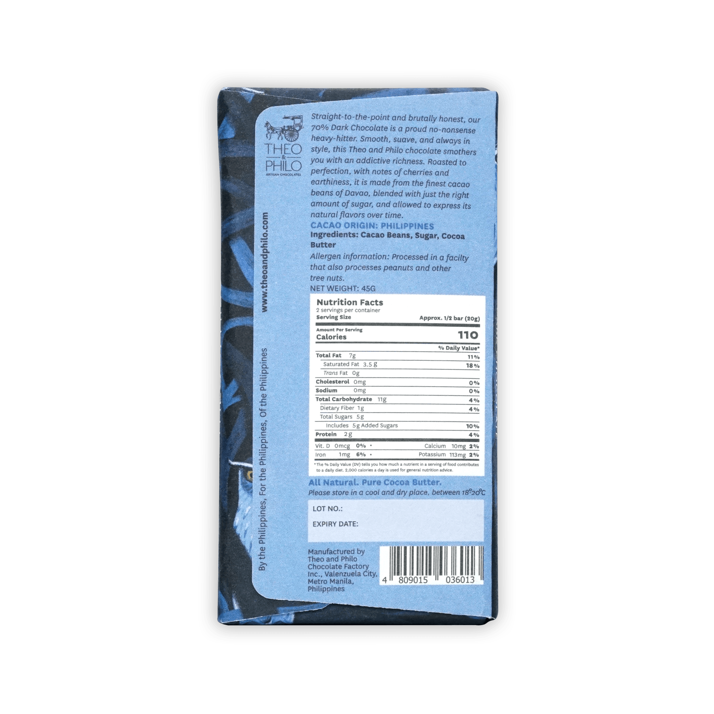 Theo & Philo 70% dark chocolate bar in blue foil with nutrition info