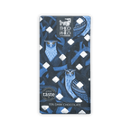 Theo & Philo 70% dark chocolate bar in navy wrapper with owls