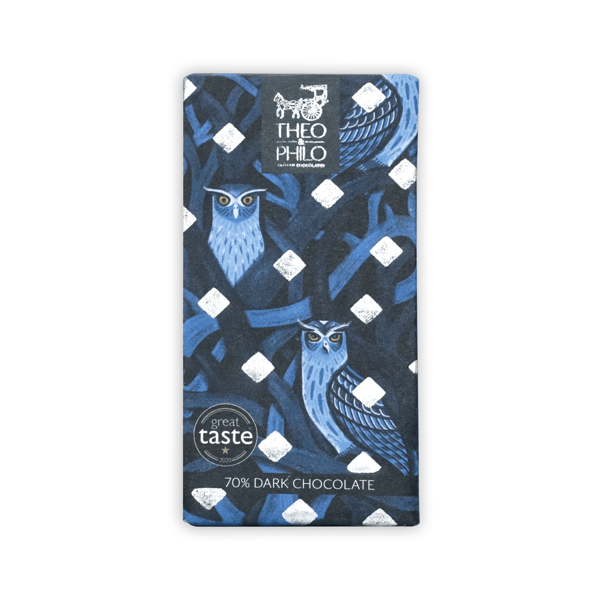Theo & Philo 70% dark chocolate bar in navy wrapper with owls