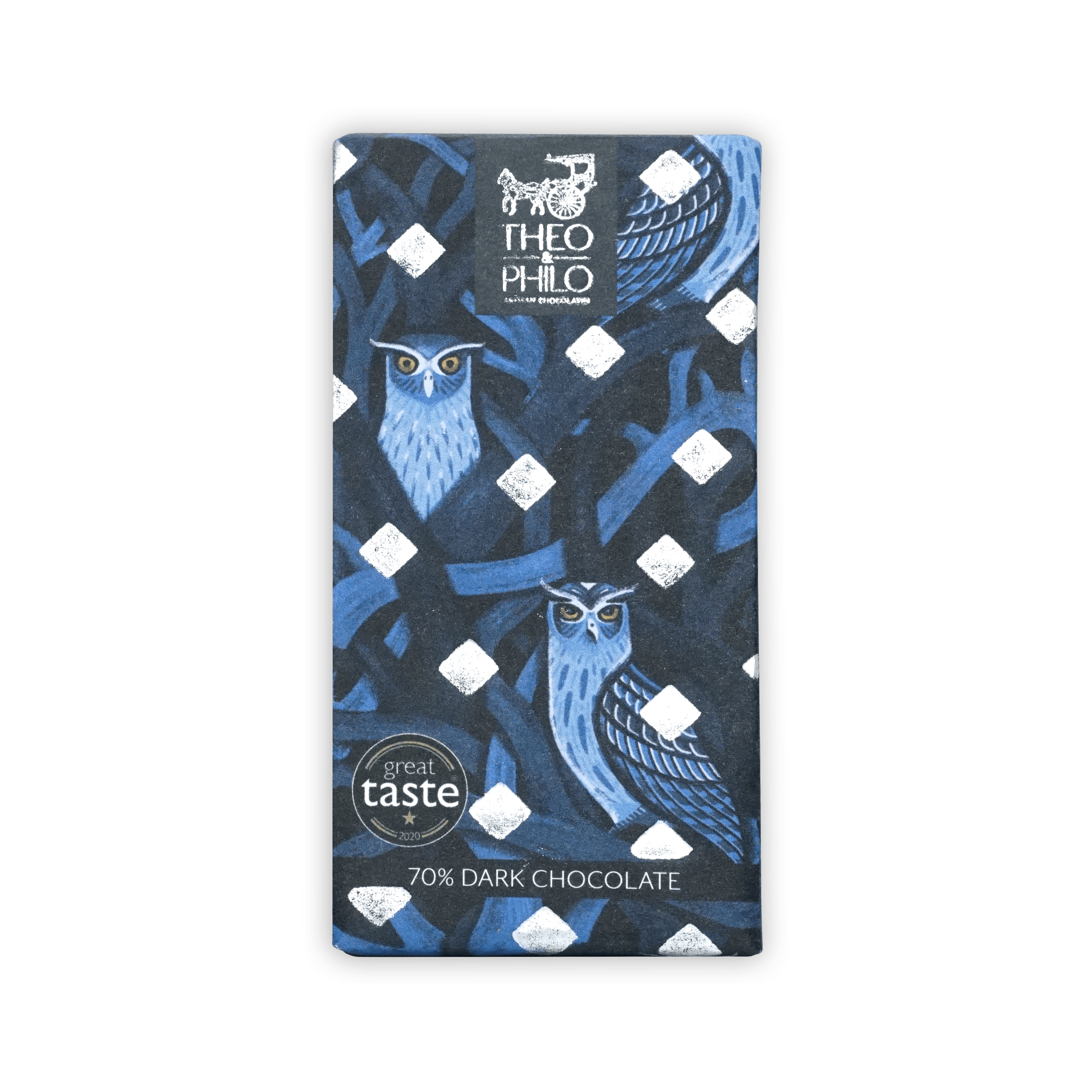 Theo & Philo 70% dark chocolate bar in navy wrapper with owls
