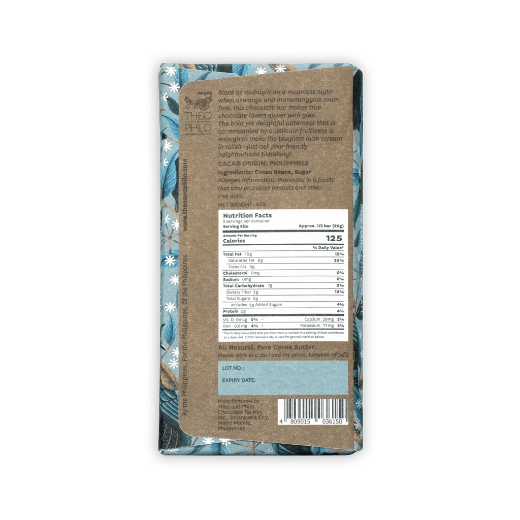 Theo & Philo 90% dark chocolate bar with brown wrap and blue white sides