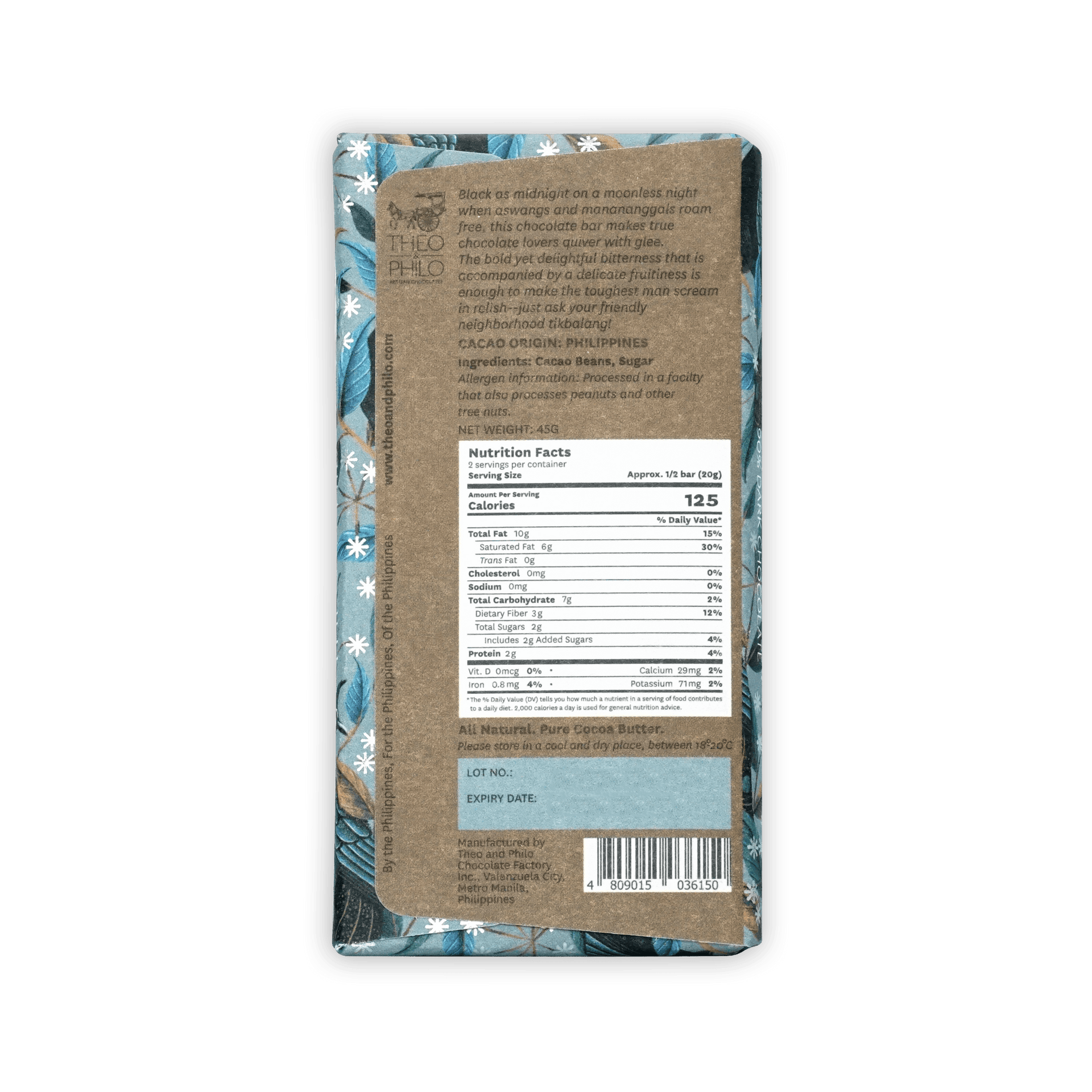 Theo & Philo 90% dark chocolate bar with brown wrap and blue white sides