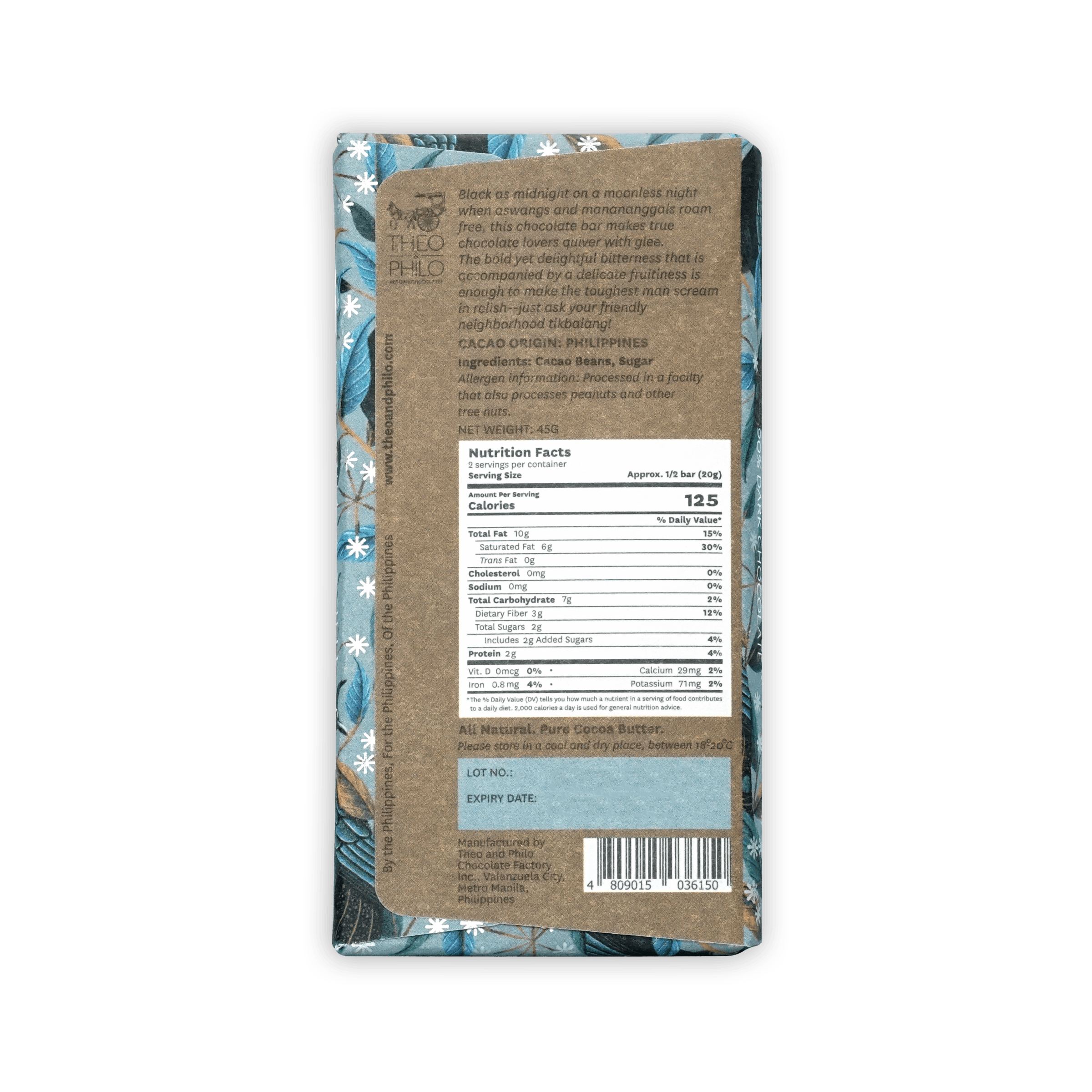 Theo & Philo 90% dark chocolate bar with brown wrap and blue white sides