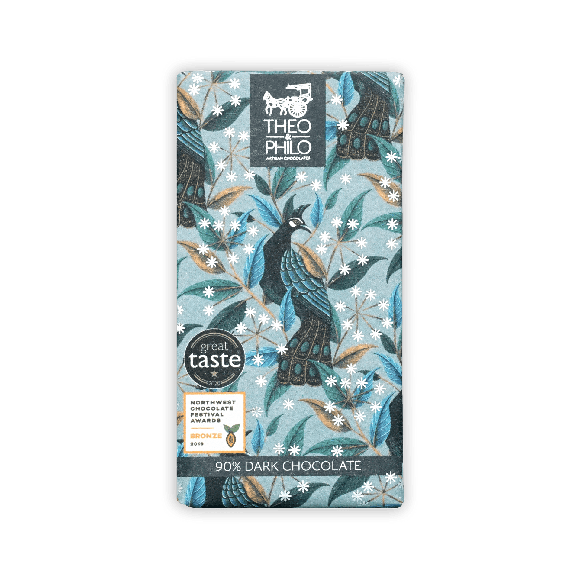 Theo & Philo 90% dark chocolate bar with peacock and leaf design