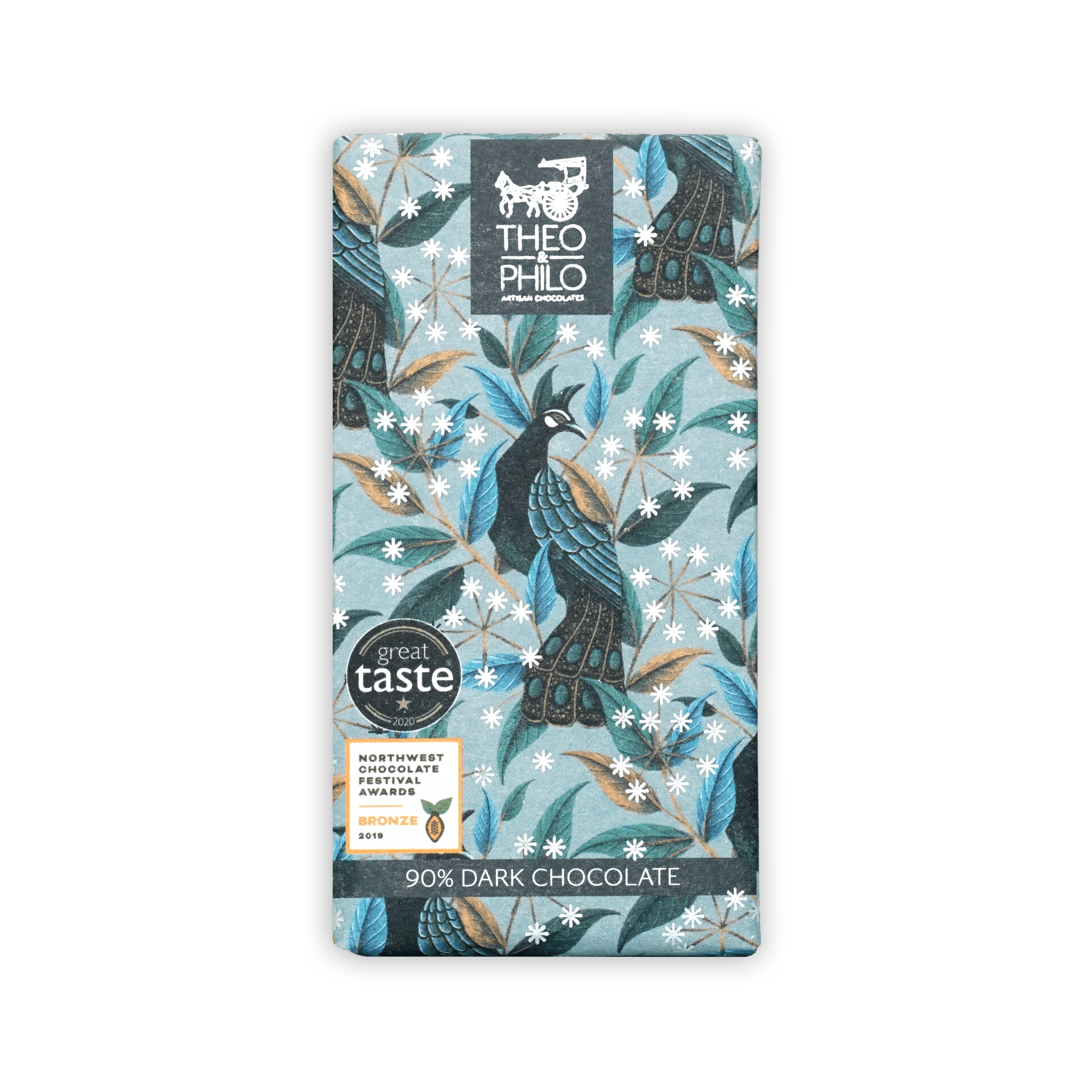 Theo & Philo 90% dark chocolate bar with peacock and leaf design