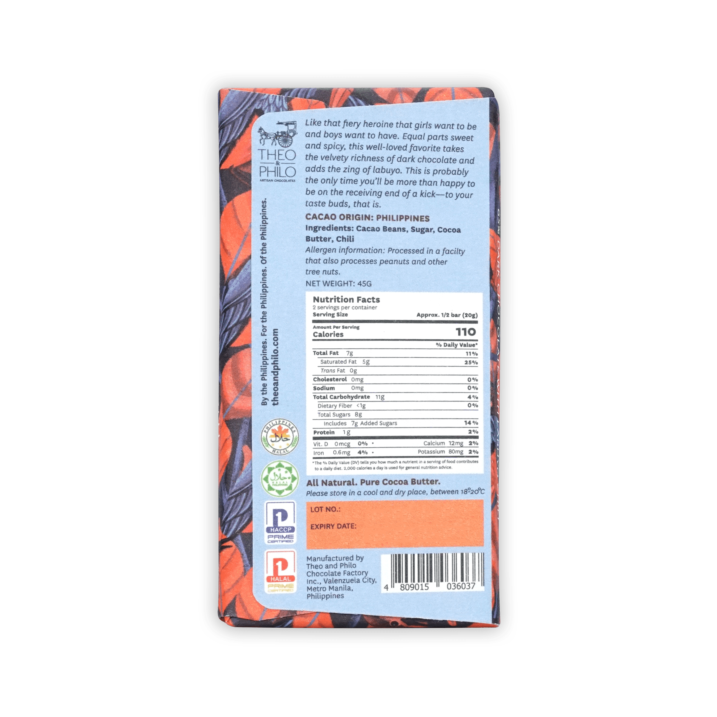 Back of Theo & Philo 65% dark chocolate with labuyo chili bar wrapper