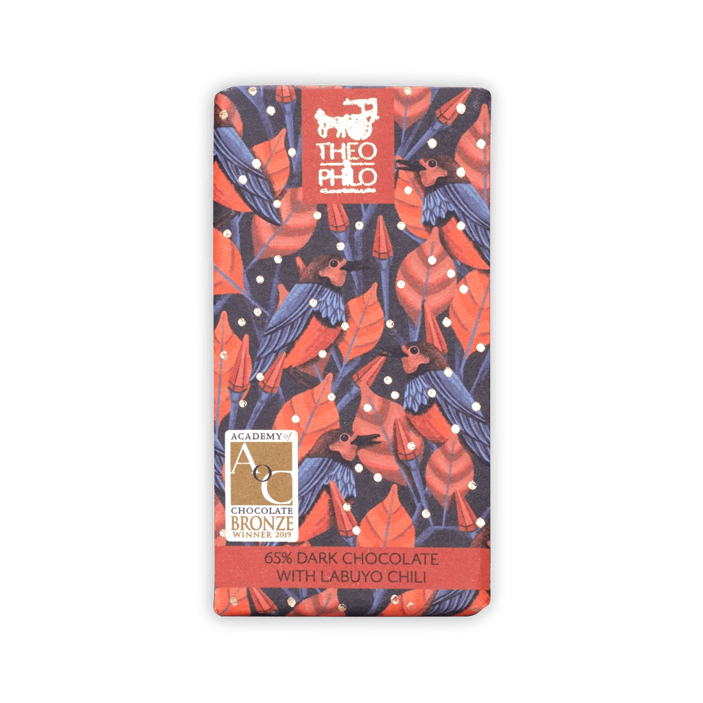 Theo & Philo 65% dark chocolate bar with labuyo chili, red navy wrapper