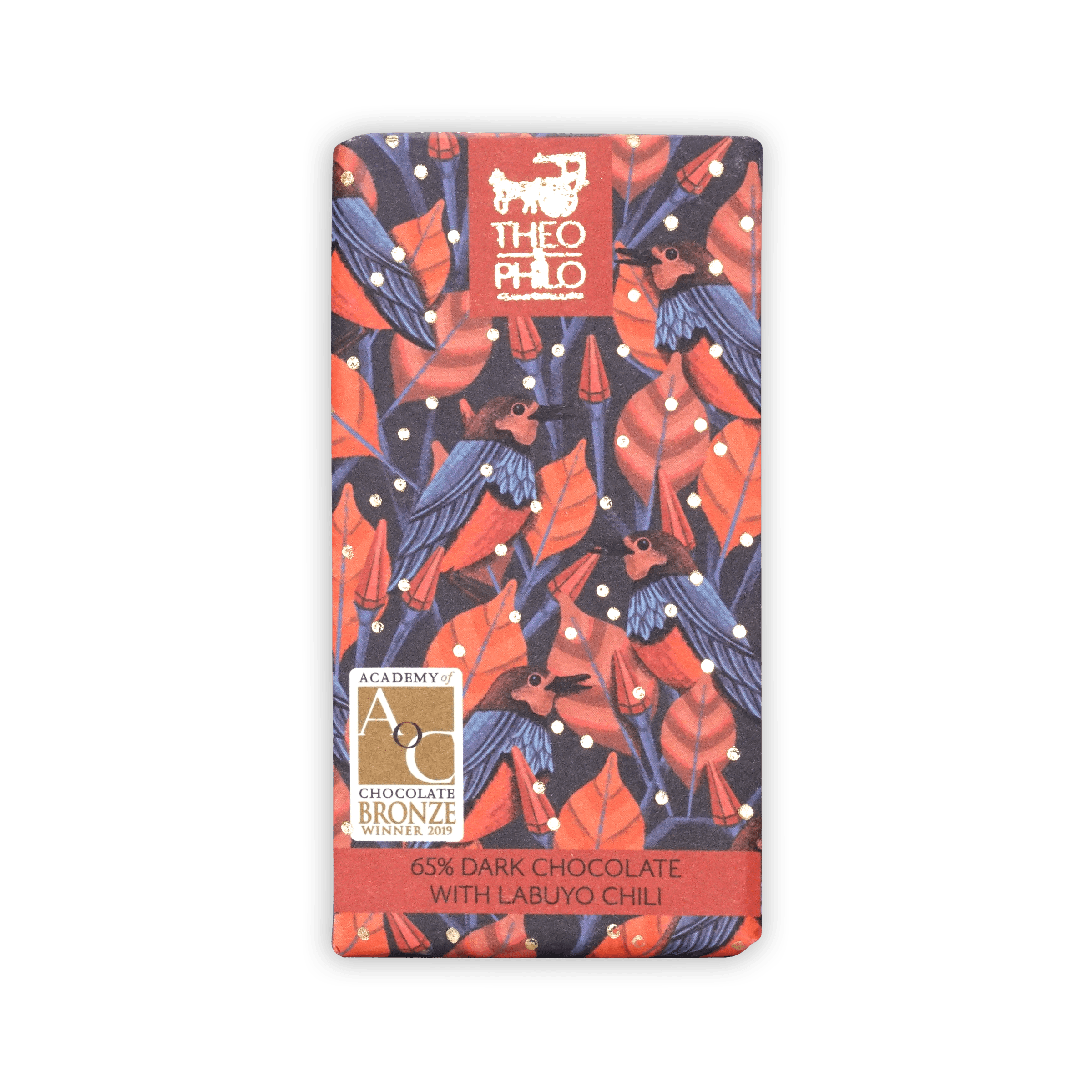 Theo & Philo 65% dark chocolate bar with labuyo chili, red navy wrapper