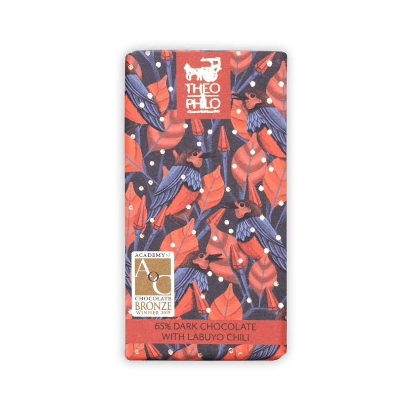 Theo & Philo 65% dark chocolate bar with labuyo chili, red navy wrapper