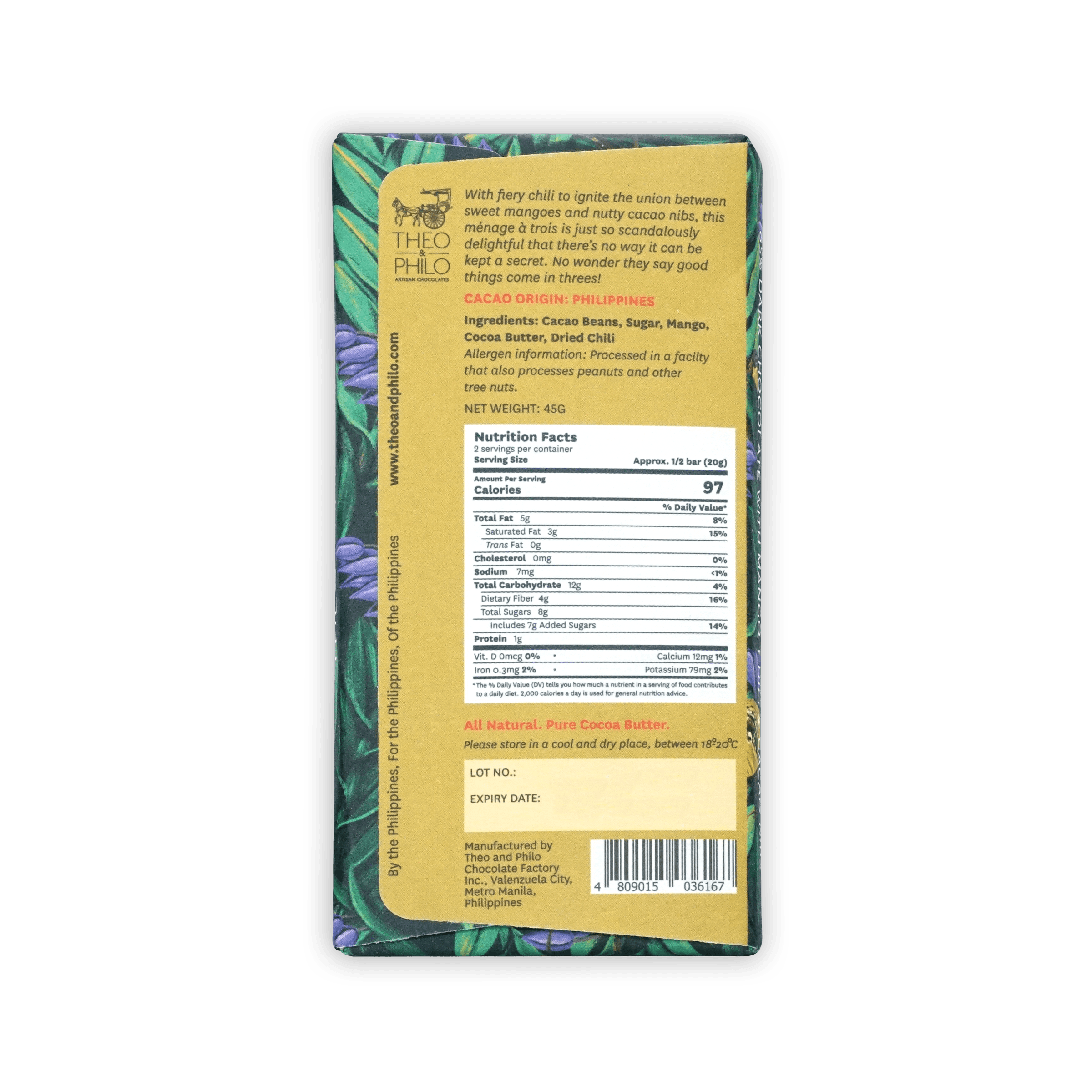 Back of Theo & Philo 65% dark chocolate with mango chili nibs wrapper
