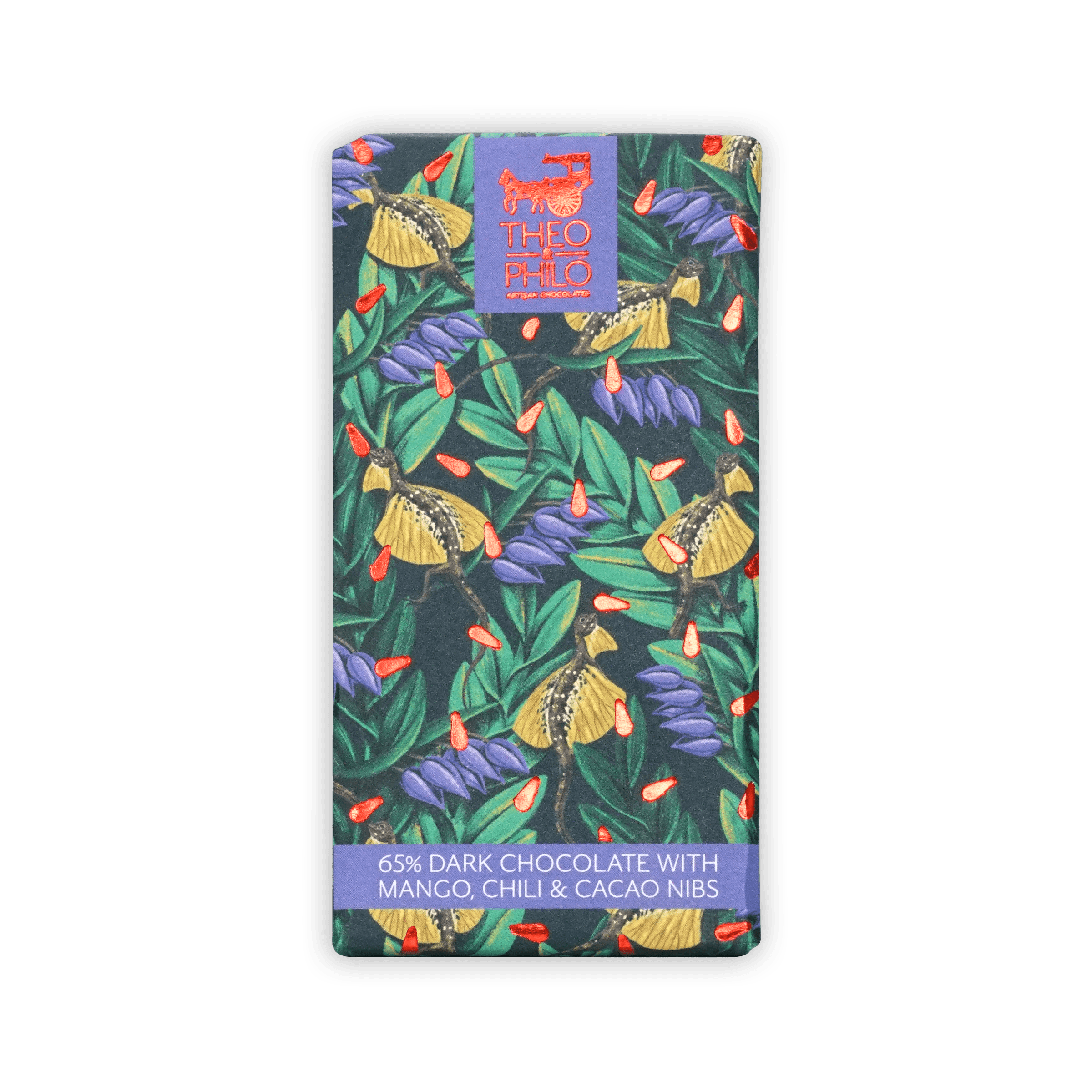 Theo & Philo 65% dark chocolate bar with mango chili nibs, tropical butterflies flowers