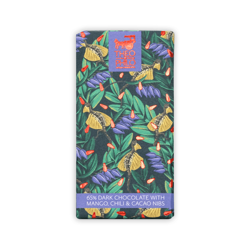 Theo & Philo 65% dark chocolate bar with mango chili nibs, tropical butterflies flowers
