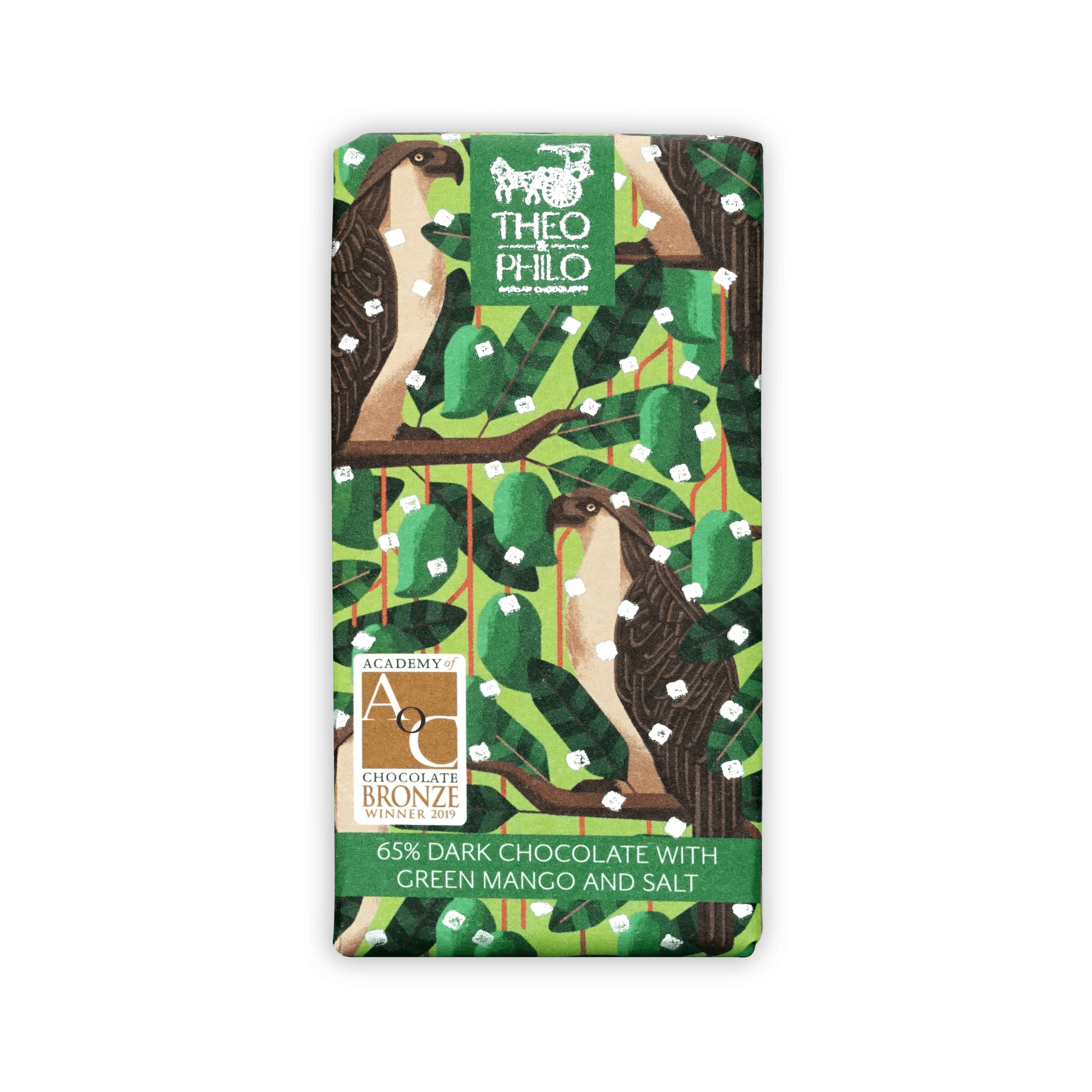 Theo & Philo 65% dark chocolate bar with green mango and salt, vibrant wrapper
