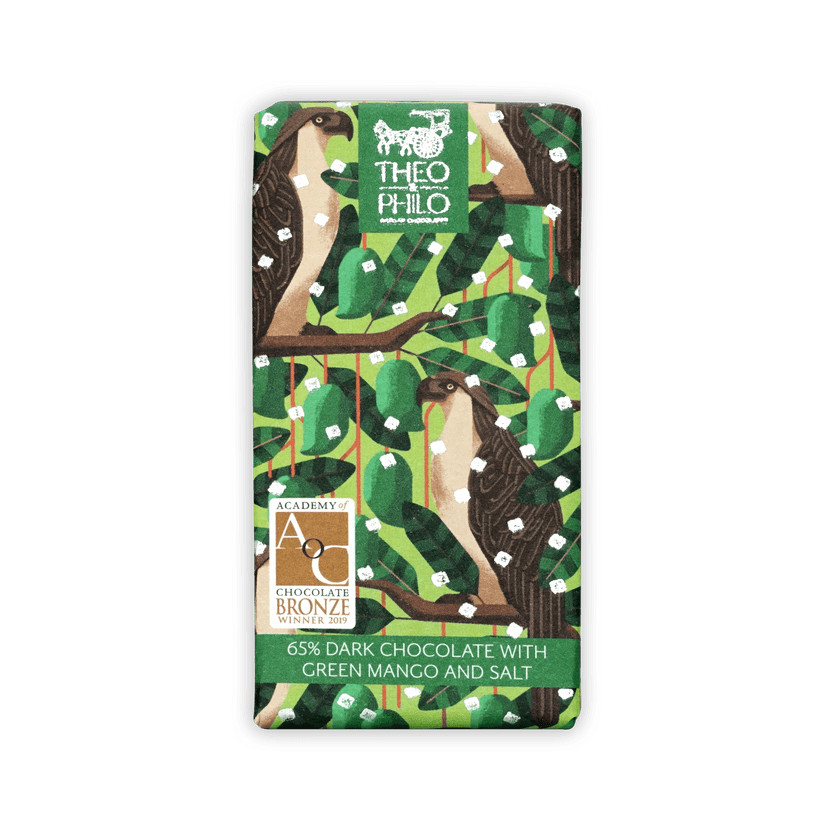 Theo & Philo 65% dark chocolate bar with green mango and salt, vibrant wrapper