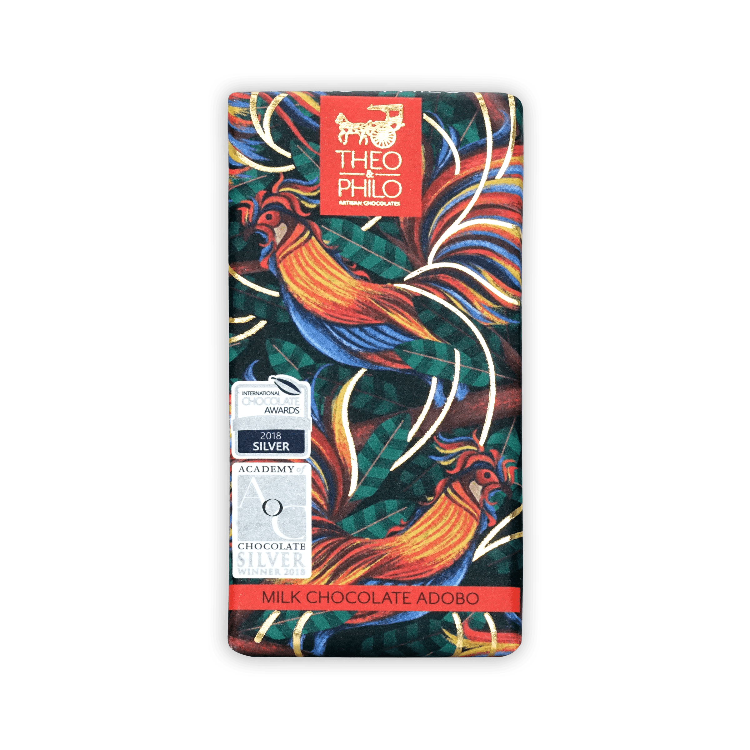 Theo & Philo Milk Chocolate Adobo bar in vibrant rooster packaging