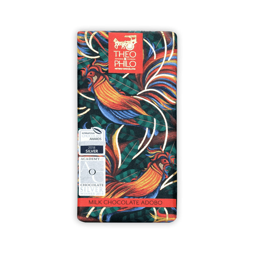 Theo & Philo Milk Chocolate Adobo bar in vibrant rooster packaging