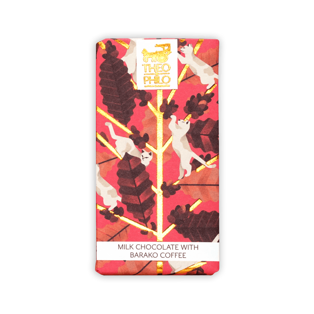 Theo & Philo milk chocolate with Barako coffee bar, vibrant red with cats and cocoa beans