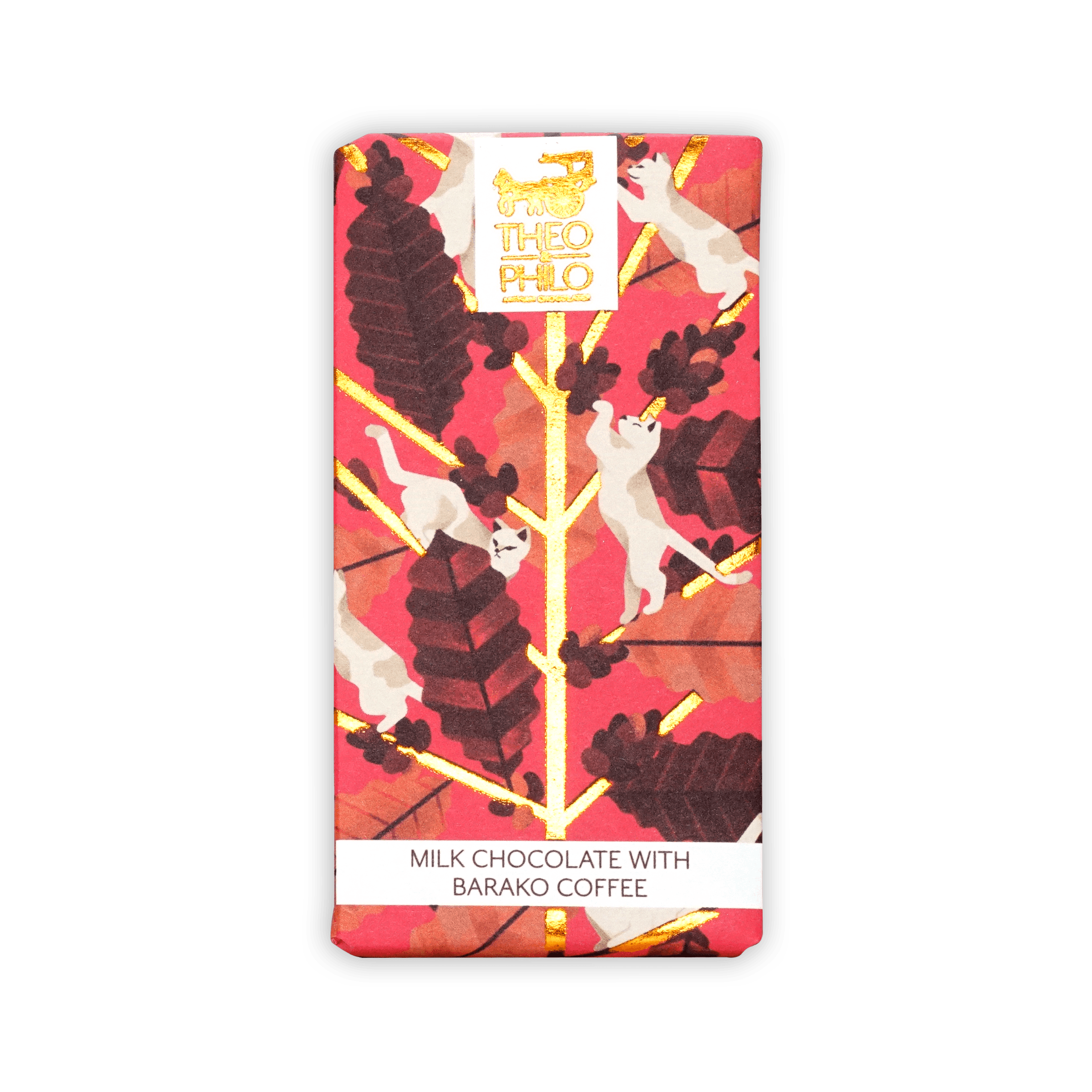 Theo & Philo milk chocolate with Barako coffee bar, vibrant red with cats and cocoa beans
