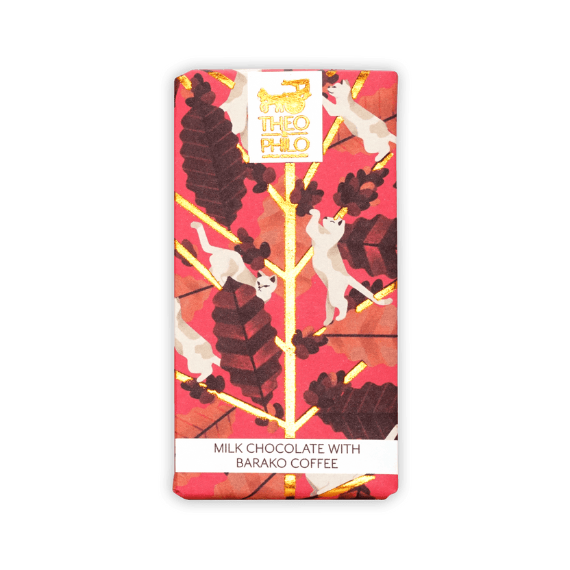 Theo & Philo milk chocolate with Barako coffee bar, vibrant red with cats and cocoa beans
