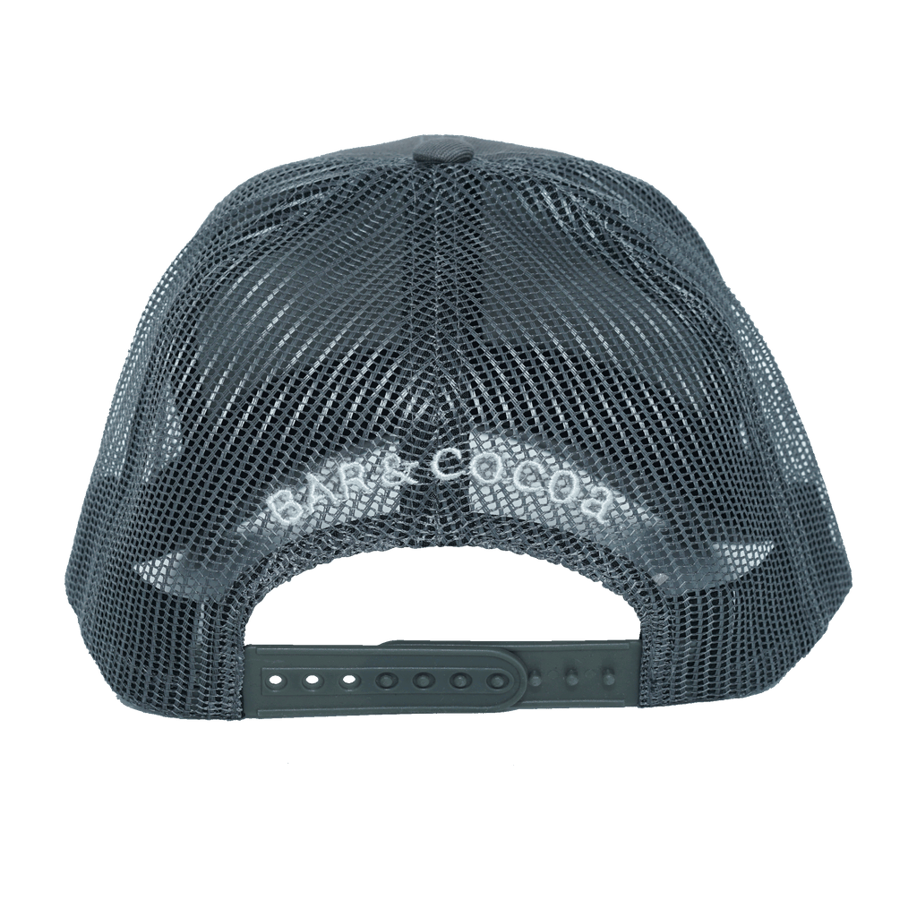 Back of dark gray mesh Theobromine Chocolate Trucker Hat with white bar & cocoa logo