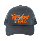 Dark gray Theobromine Chocolate Trucker Hat with orange white Theo a bro of mine embroidery