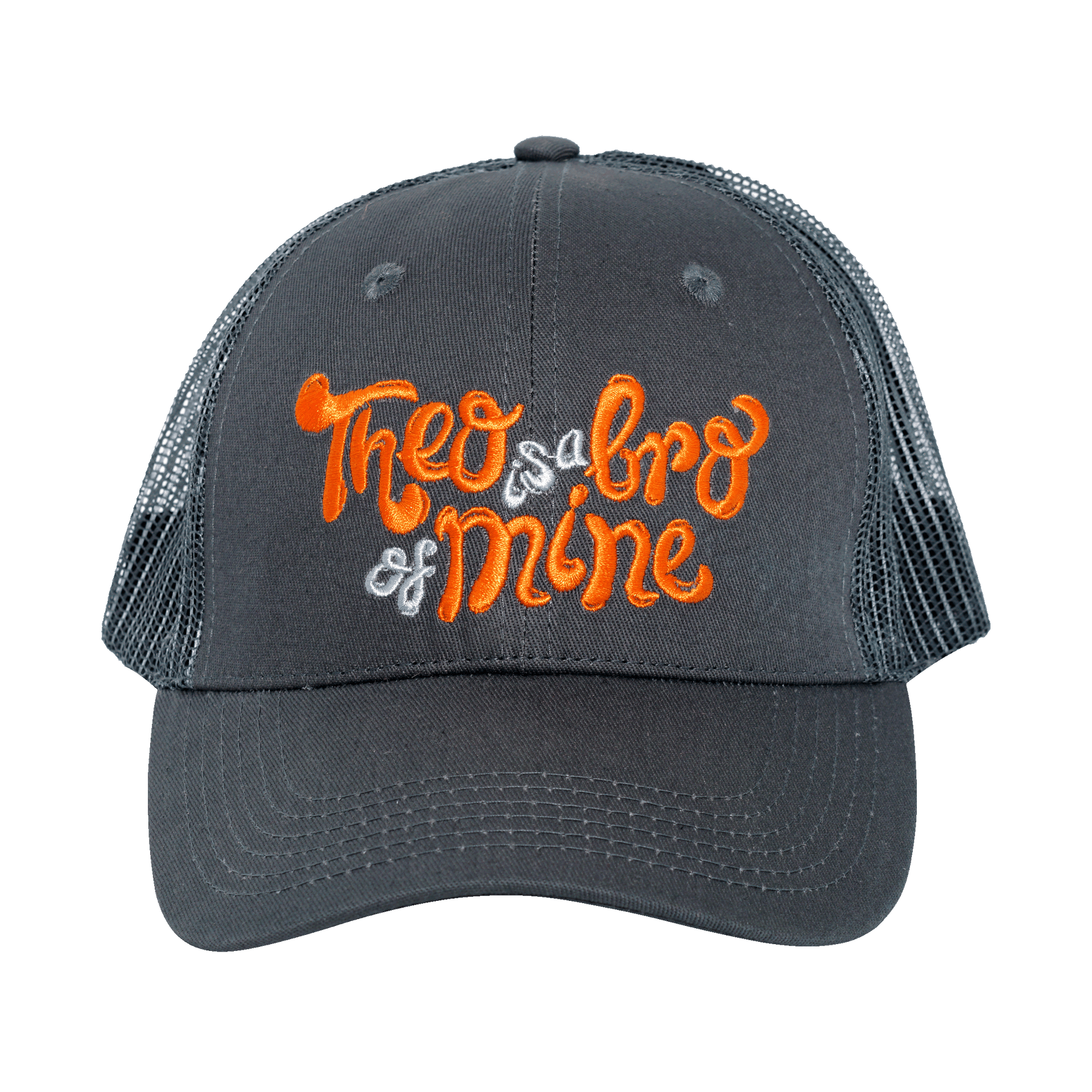 Dark gray Theobromine Chocolate Trucker Hat with orange white Theo a bro of mine embroidery