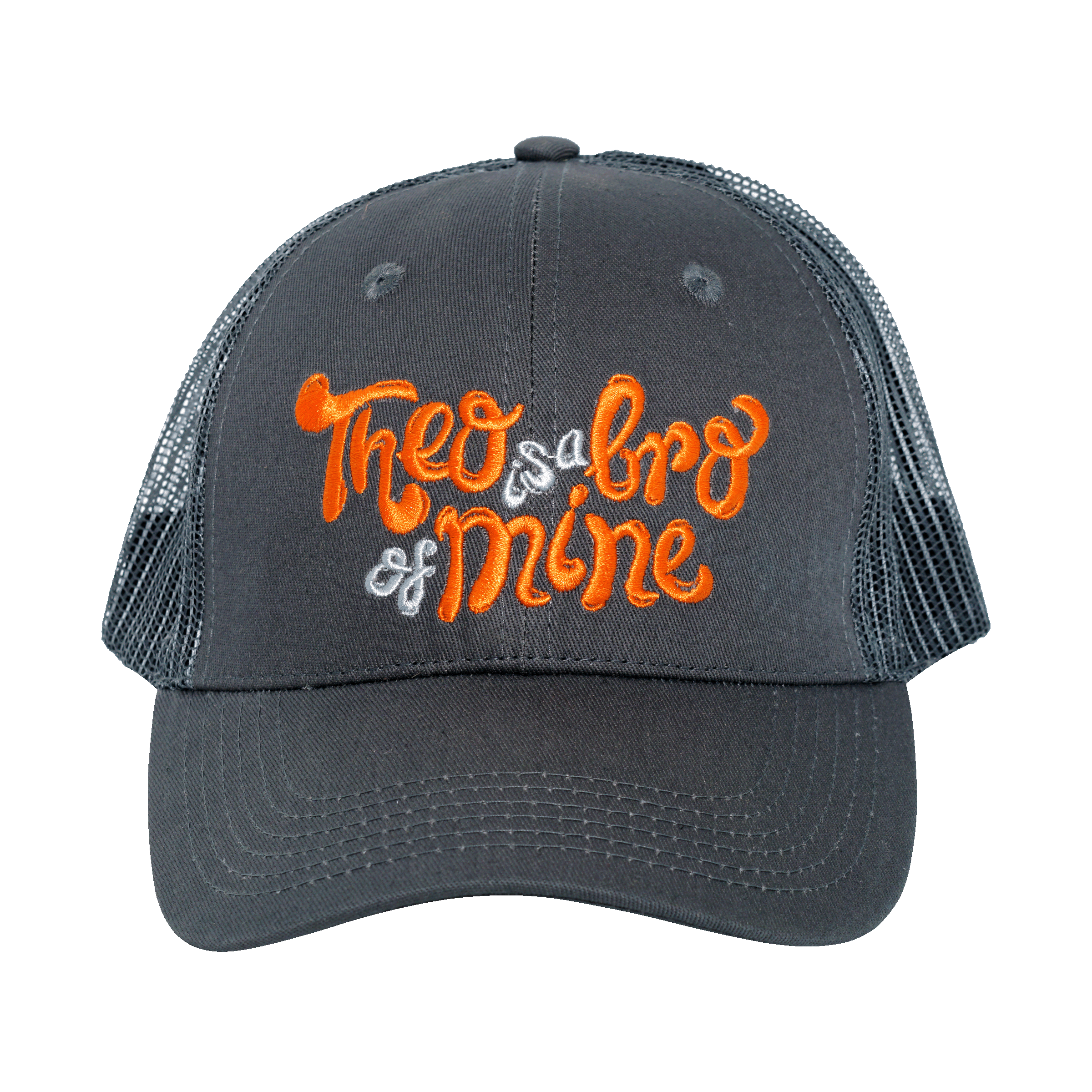 Dark gray Theobromine Chocolate Trucker Hat with orange white Theo a bro of mine embroidery
