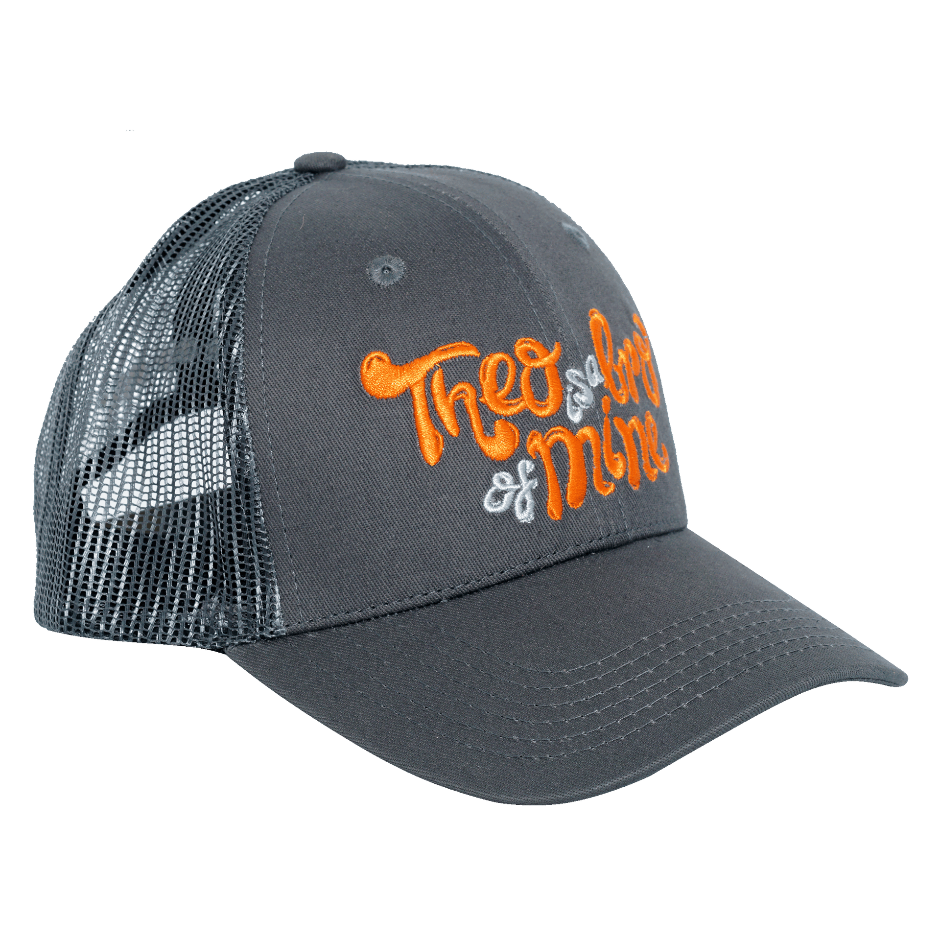 Dark gray Theobromine Chocolate Trucker Hat with thee & mine embroidery