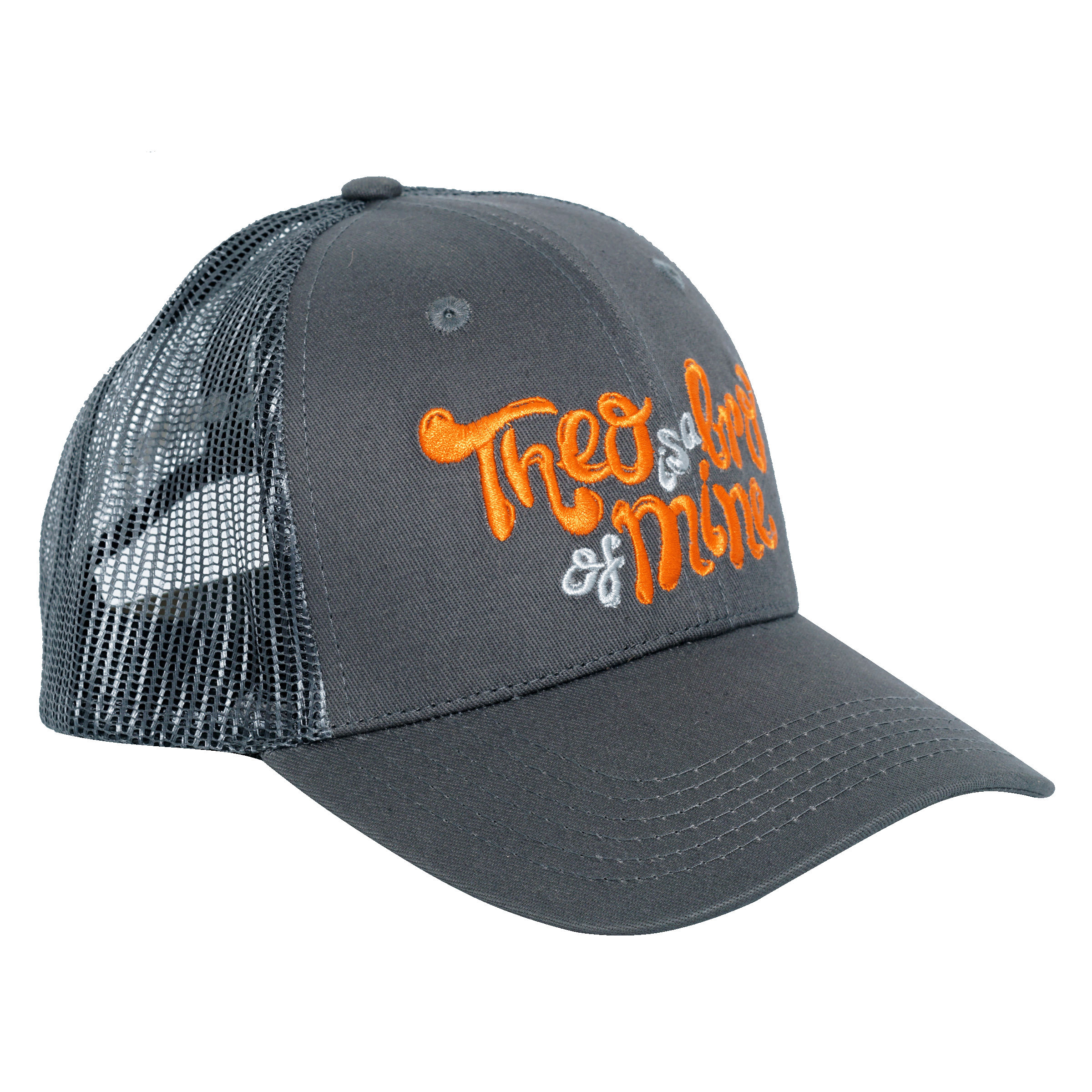 Dark gray Theobromine Chocolate Trucker Hat with thee & mine embroidery