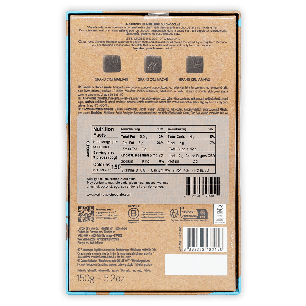 Back of Valrhona Bonbons 15pc Dark Chocolate Gift Box with Manjari, Macae, Abinao details