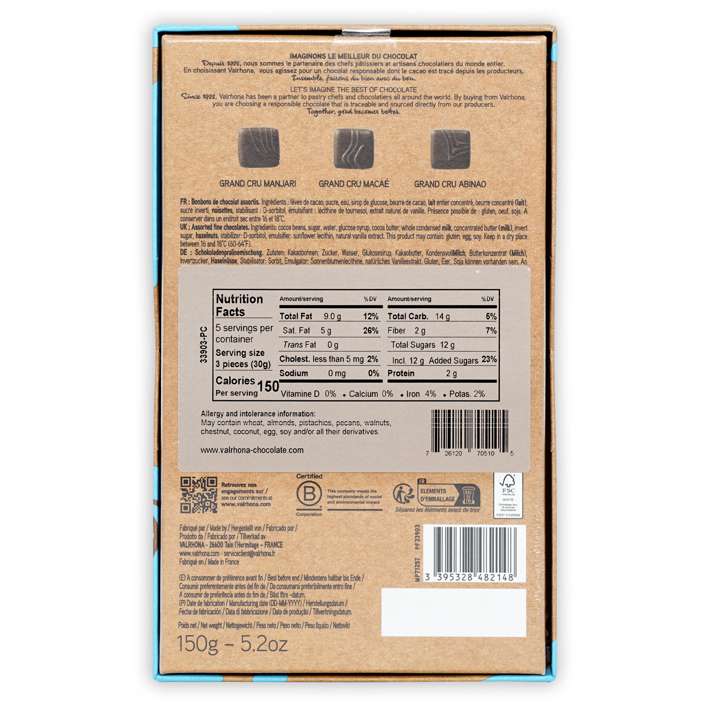 Back of Valrhona Bonbons 15pc Dark Chocolate Gift Box with Manjari, Macae, Abinao details