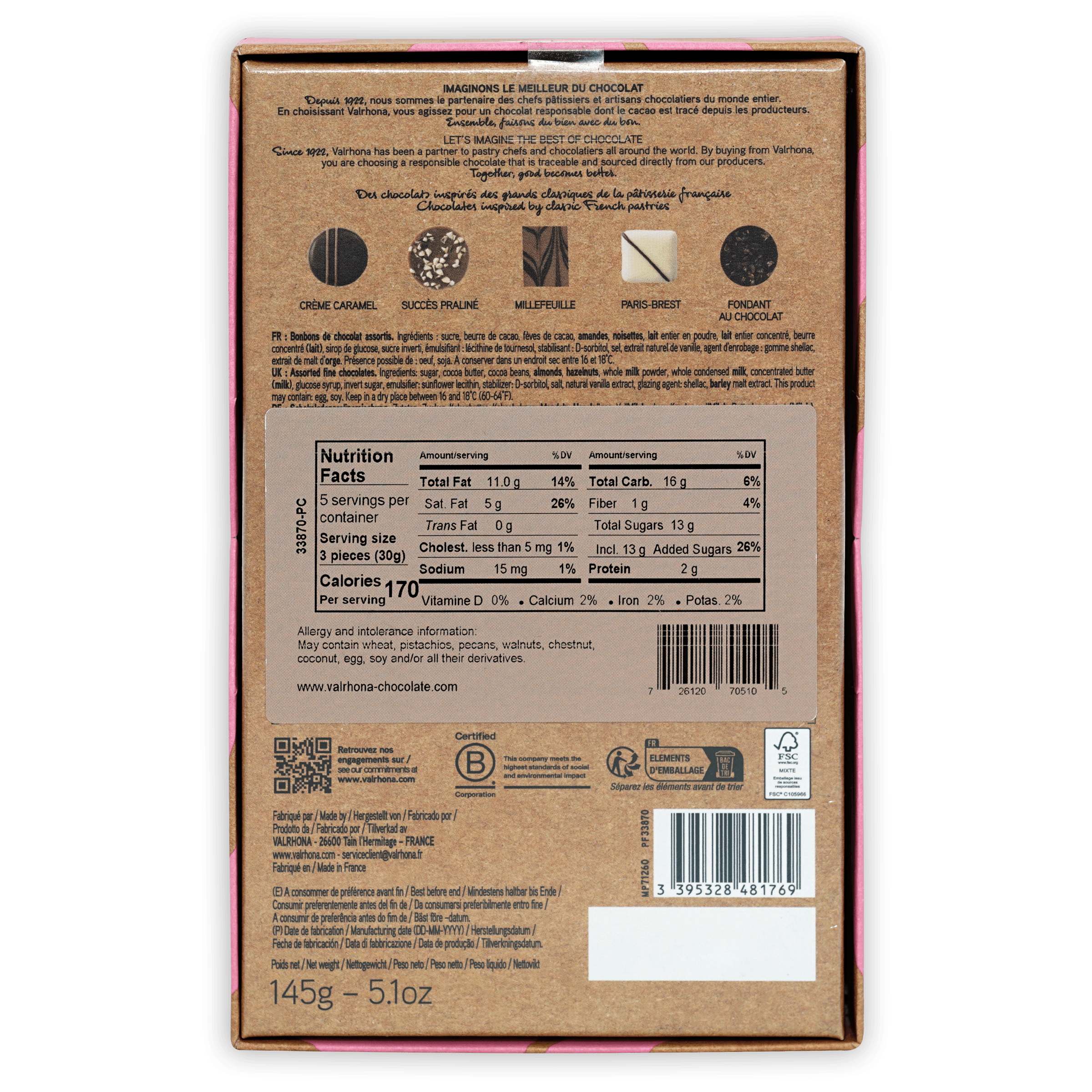 Back of Valrhona Bonbons 15-piece mixed chocolate gift box with nutrition facts