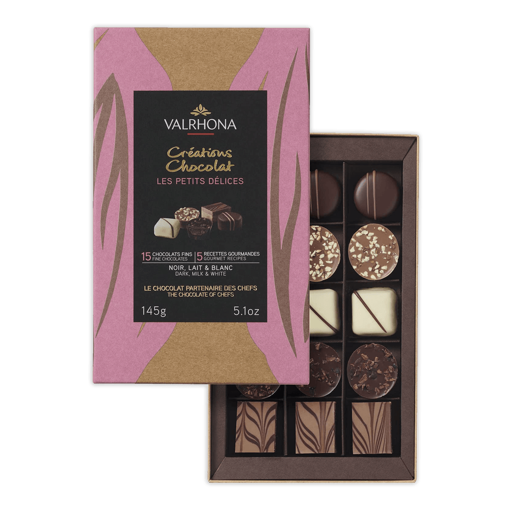 Valrhona Creations 15-piece mixed chocolate gift box with pink gold foil
