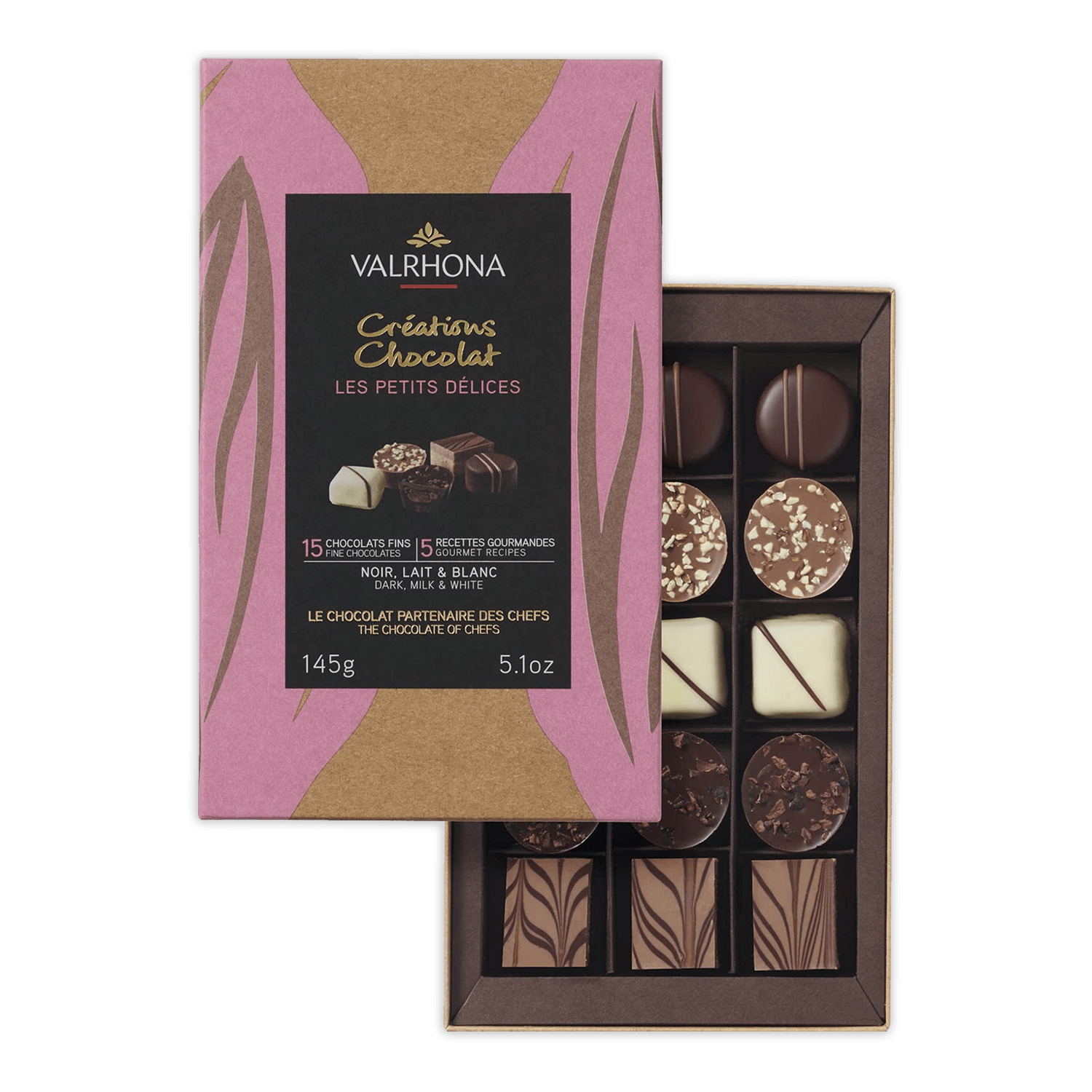 Valrhona Creations 15-piece mixed chocolate gift box with pink gold foil