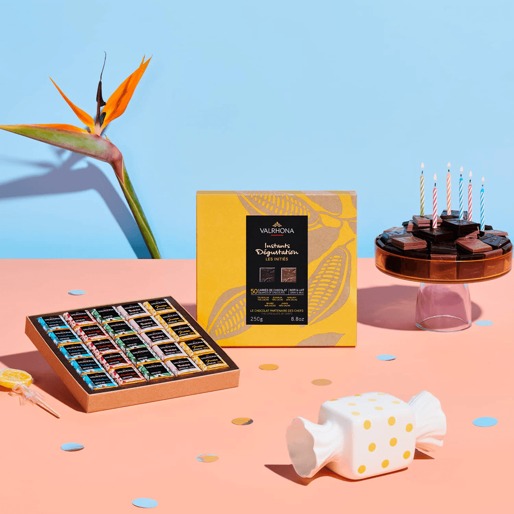 Valrhona Mini Squares Gift Box Mixed 50 pcs yellow with gold leaf and black label