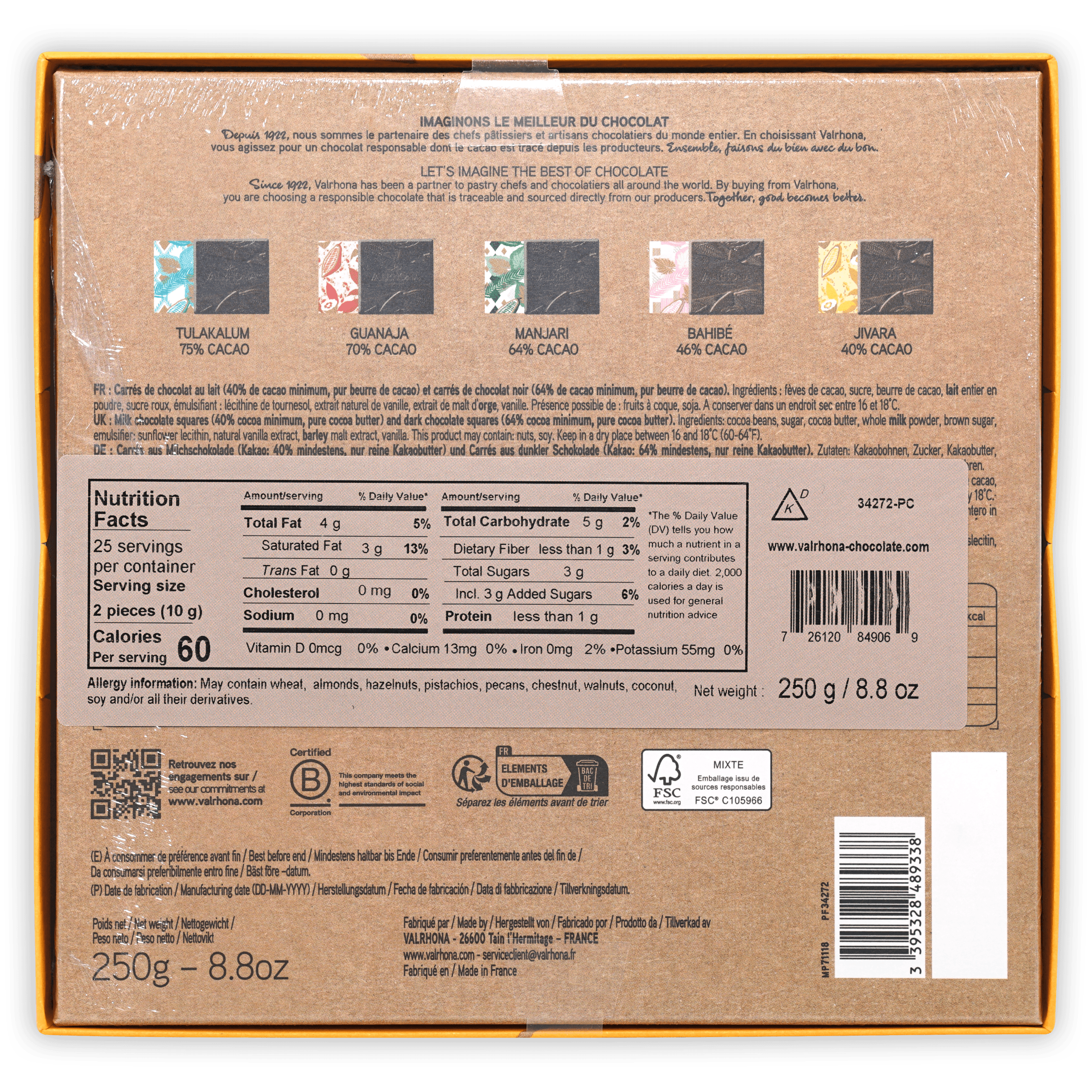Back of Valrhona Mini Squares Mixed 50 pcs gift box with flavors