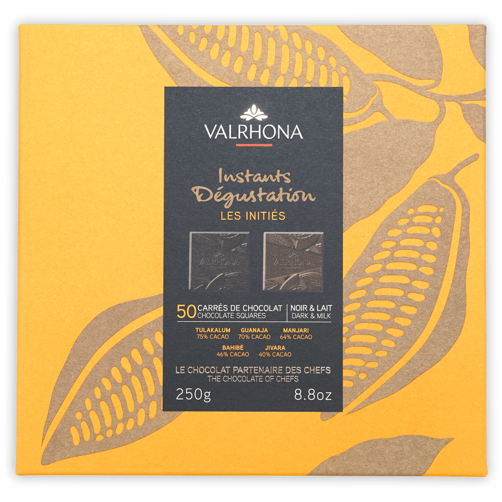 Valrhona Mini Squares Gift Box Mixed 50 pcs yellow with gold cocoa pods