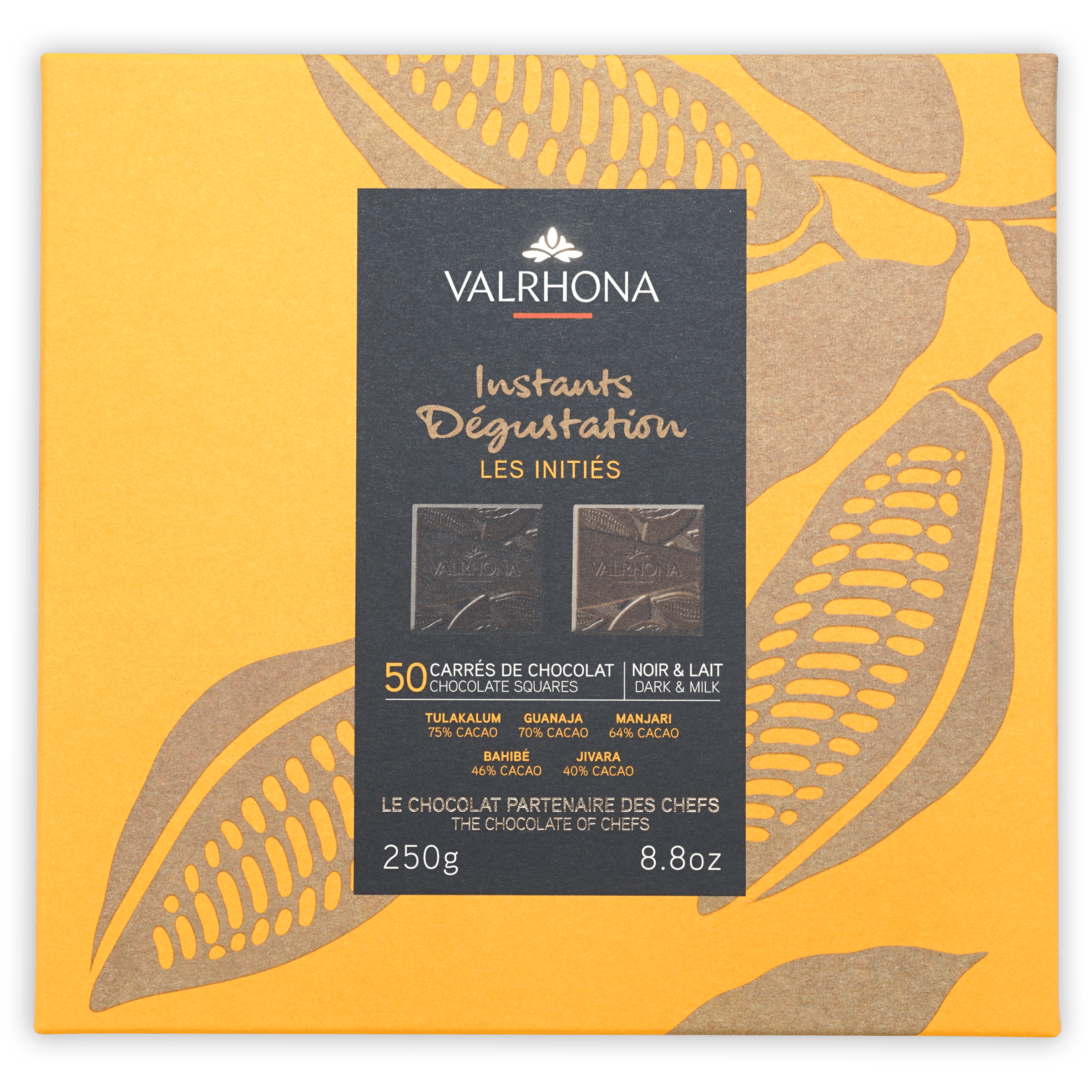 Valrhona Mini Squares Gift Box Mixed 50 pcs yellow with gold cocoa pods