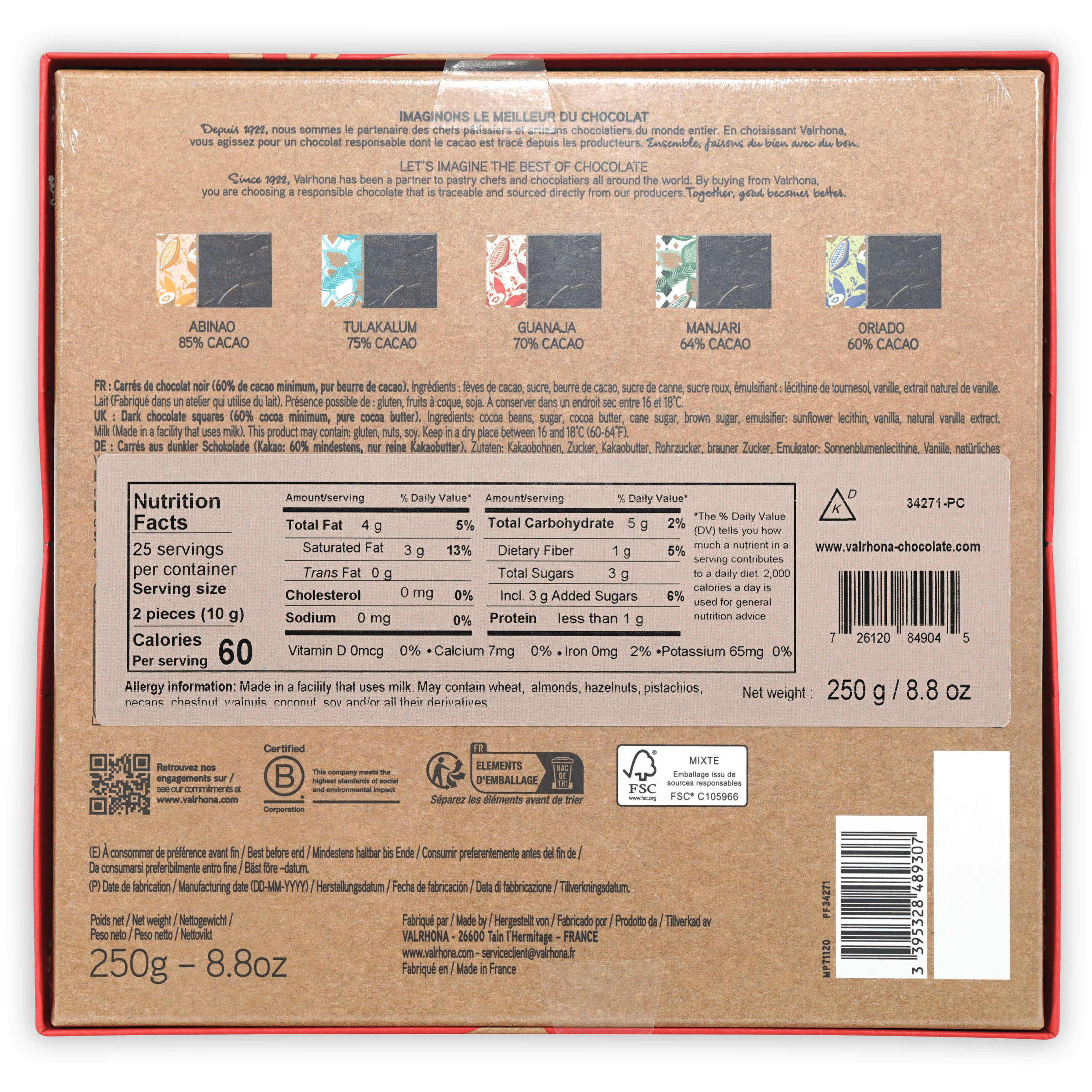 Back of Valrhona Mini Squares Dark Grand Crus gift box with multilingual text and 5 dark chocolate bars