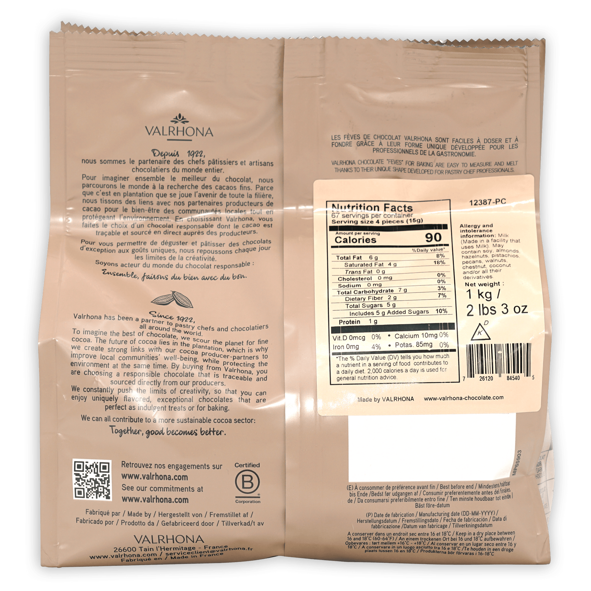 Back of Valrhona Caraibe 66% dark chocolate bar wrapper with nutrition info