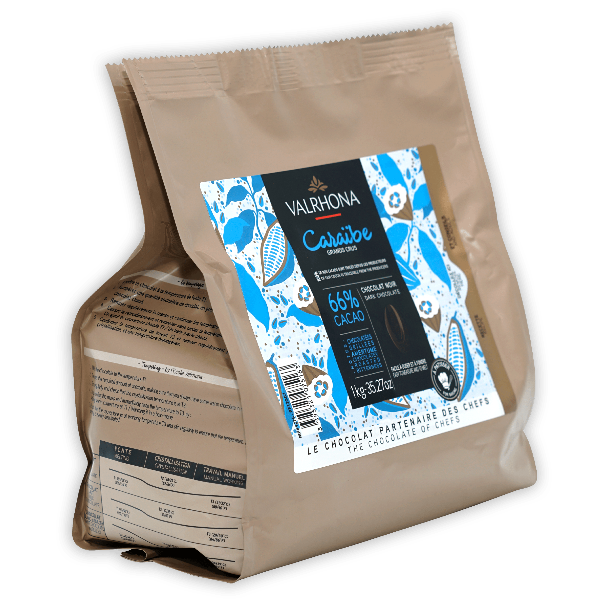 Valrhona Caraibe dark chocolate feves 66% cacao in beige bag with floral label