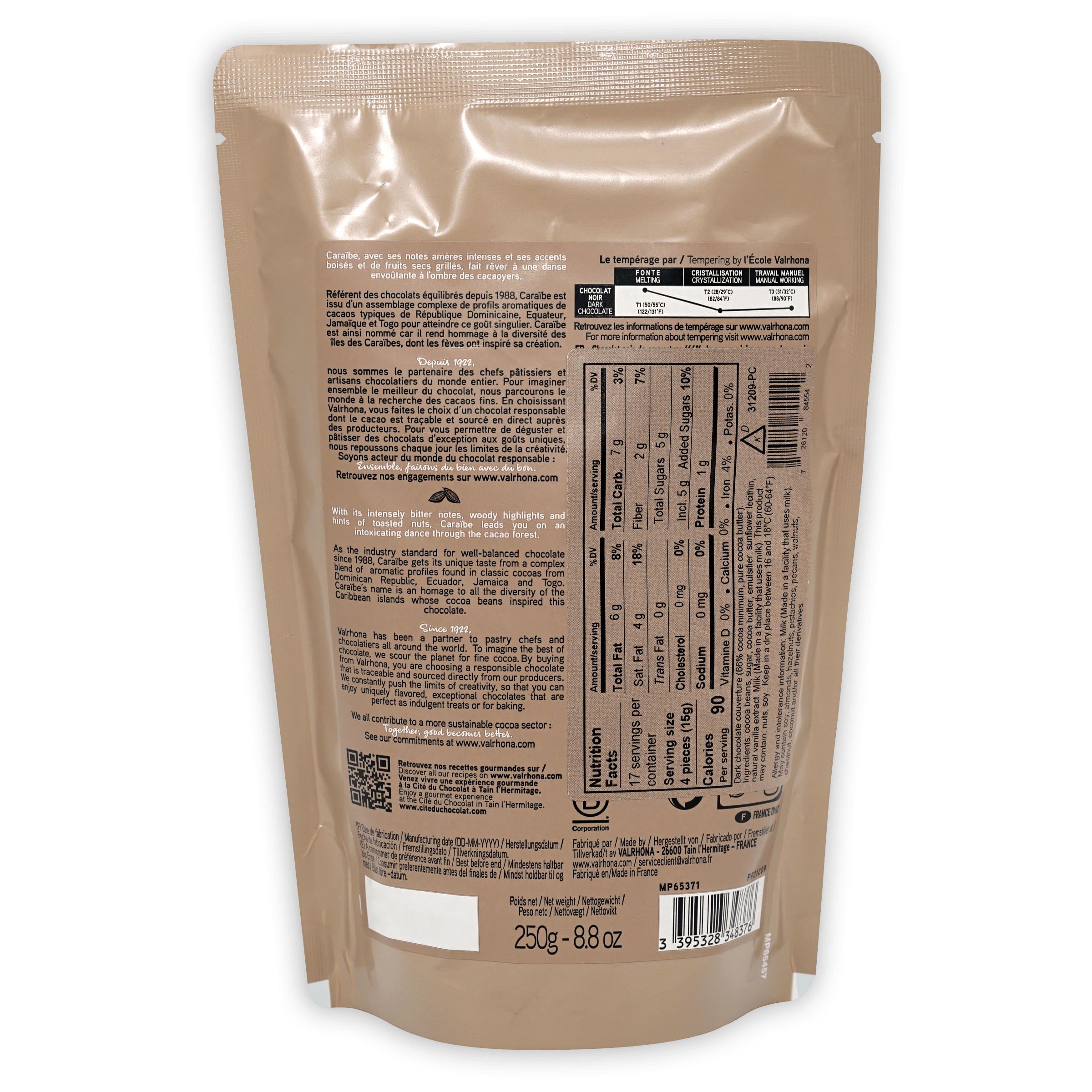 Valrhona Caraibe 66% dark chocolate baking feves pouch back view