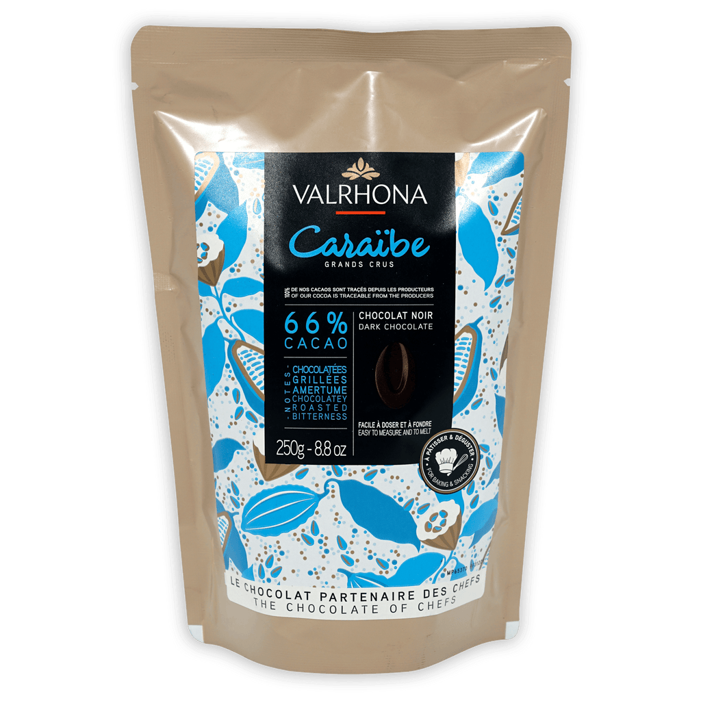 Valrhona Caraibe 66% dark chocolate baking feves in beige pouch