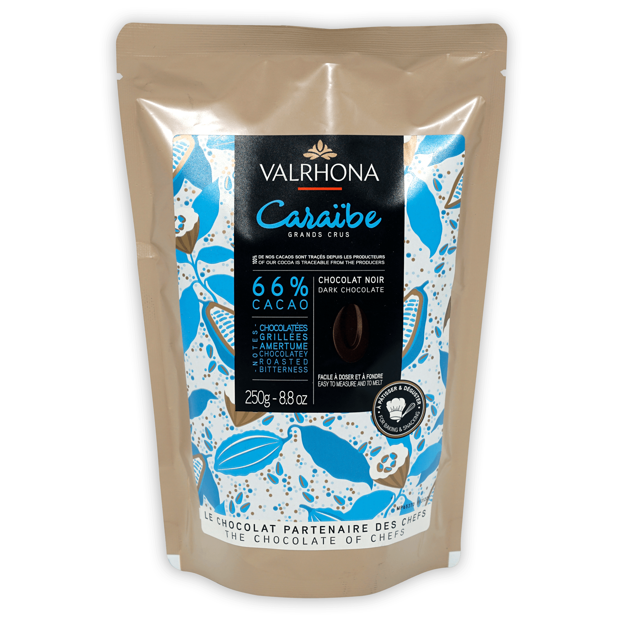 Valrhona Caraibe 66% dark chocolate baking feves in beige pouch