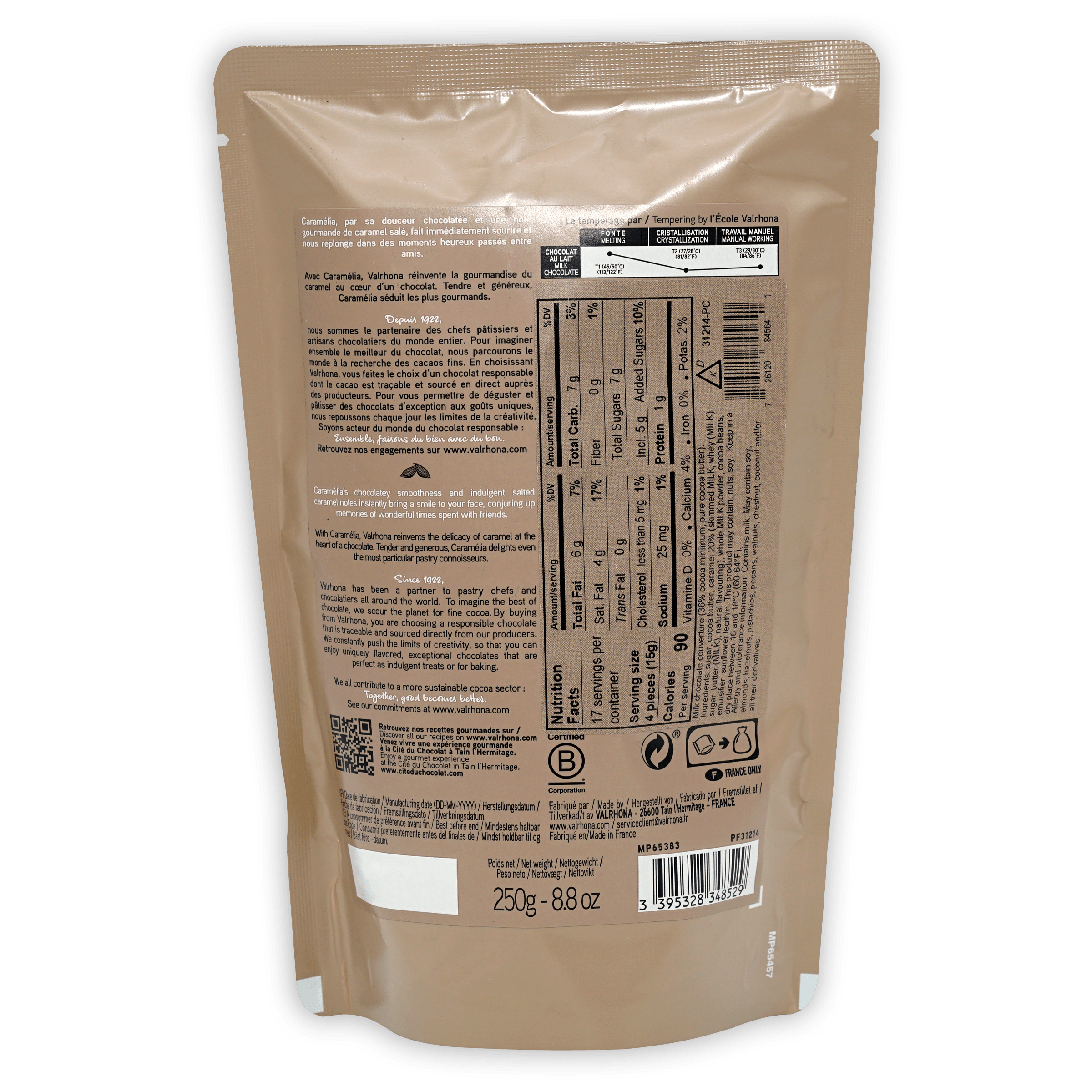 Back of Valrhona Baking Feves Caramelia 36% beige foil pouch with nutrition info